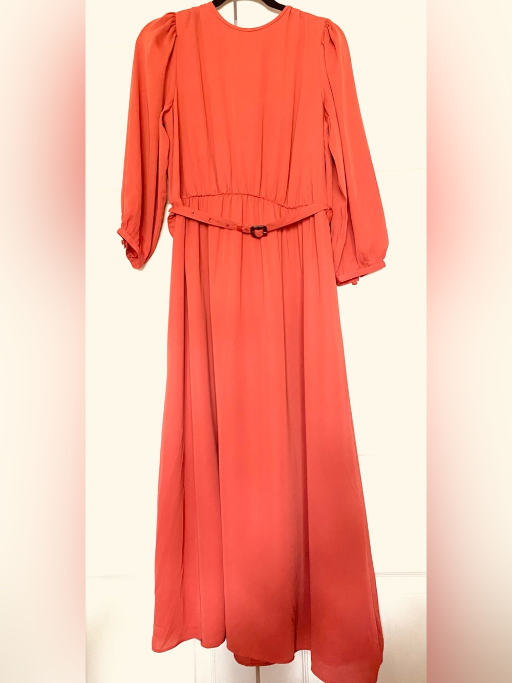 Ann Taylor Coral Long-Sleeve Maxi Dress with Waist Belt